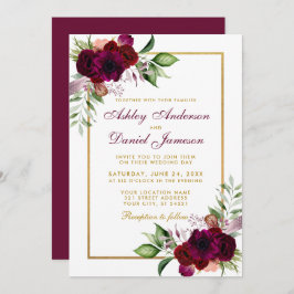 Burgundy Waterverf Boho Floral Wedding Gold Kaart