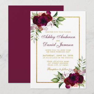 Burgundy Waterverf Boho Floral Wedding Gold Kaart
