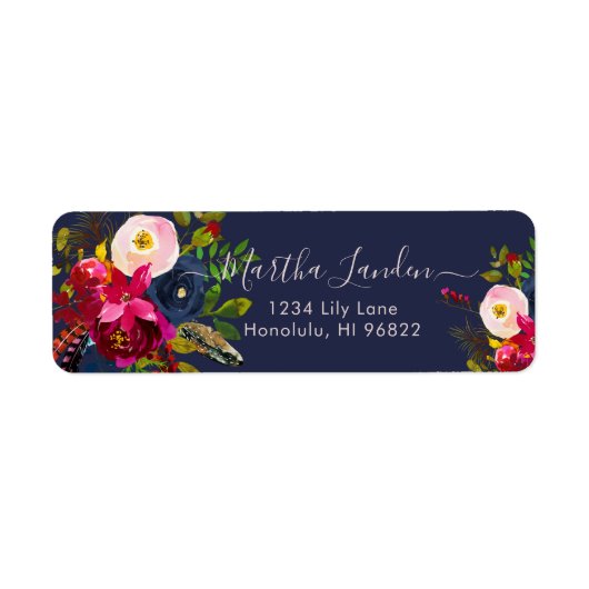 Burgundy Waterverf, Boho Flowers Etiket (Voorkant)