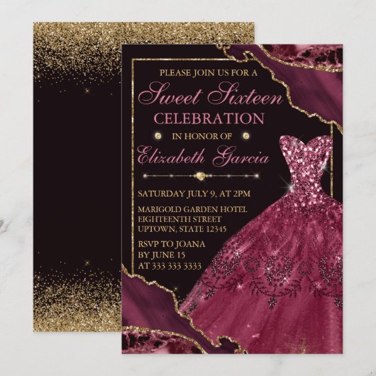 Burgundy Waterverf Dress & Agate Sweet 16 Kaart (Voorkant / Achterkant)