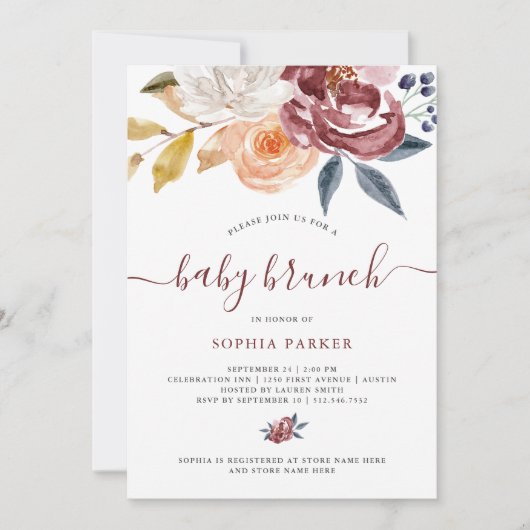 Burgundy Waterverf Floral | Baby Brunch Kaart (Voorkant)