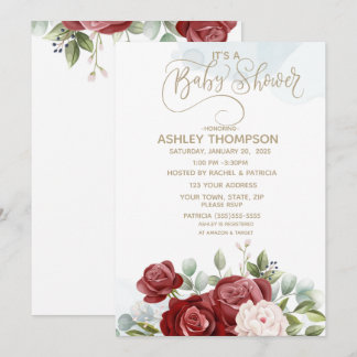 Burgundy Waterverf Floral Baby shower Kaart
