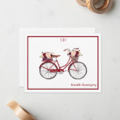 Burgundy Waterverf Floral Bicycle Monogram Notitiekaartje (Voorkant / Achterkant in situ)