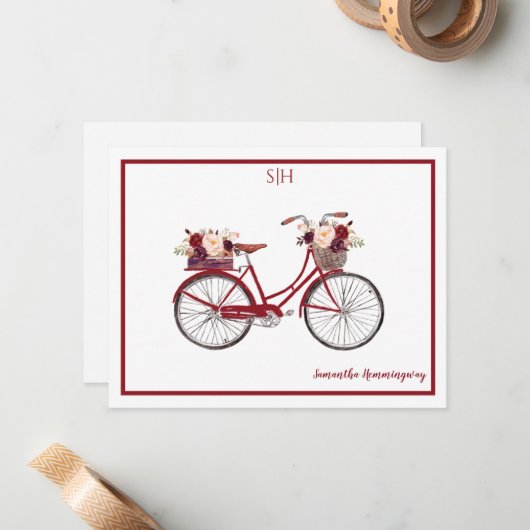 Burgundy Waterverf Floral Bicycle Monogram Notitiekaartje (Voorkant / Achterkant in situ)