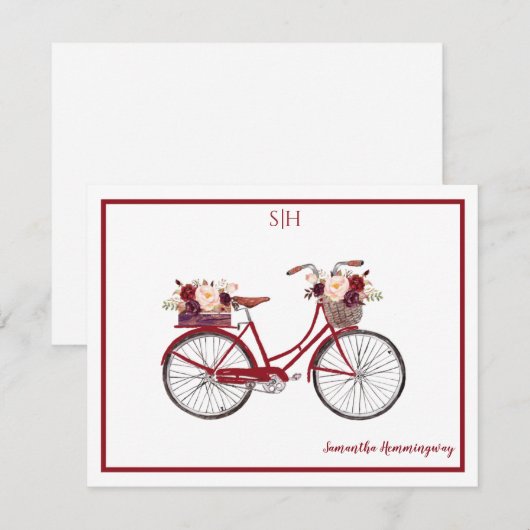 Burgundy Waterverf Floral Bicycle Monogram Notitiekaartje (Voorkant / Achterkant)