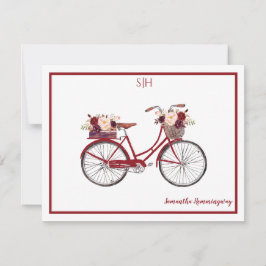 Burgundy Waterverf Floral Bicycle Monogram Notitiekaartje