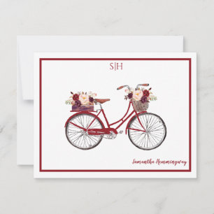 Burgundy Waterverf Floral Bicycle Monogram Notitiekaartje