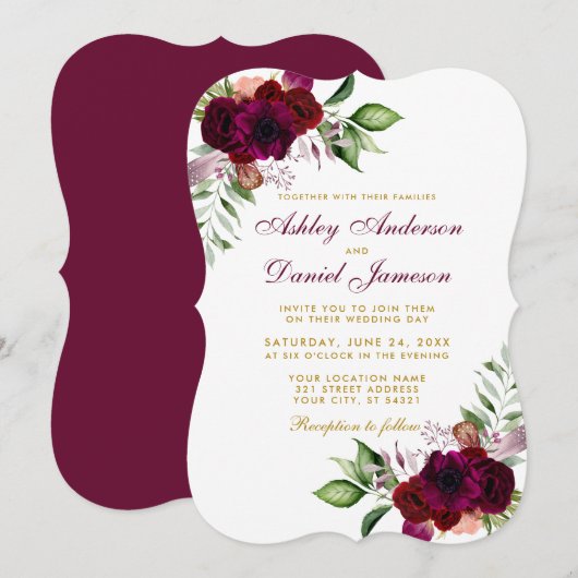 Burgundy Waterverf Floral Boho Gold Wedding B Kaart (Voorkant / Achterkant)