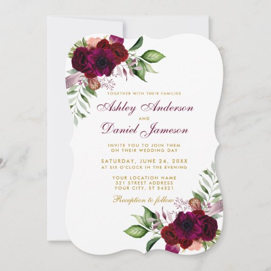 Burgundy Waterverf Floral Boho Gold Wedding B Kaart (Voorkant)