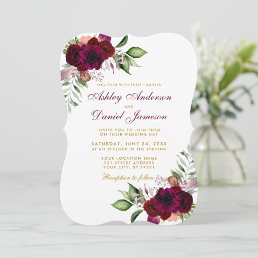 Burgundy Waterverf Floral Boho Gold Wedding B Kaart (Staand voorkant)
