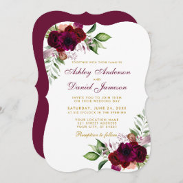 Burgundy Waterverf Floral Boho Gold Wedding B Kaart