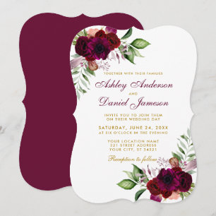 Burgundy Waterverf Floral Boho Gold Wedding B Kaart