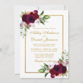 Burgundy Waterverf Floral Boho Gold Wedding Kaart (Voorkant)