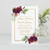 Burgundy Waterverf Floral Boho Gold Wedding Kaart (Staand voorkant)