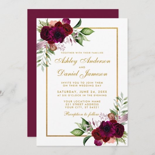 Burgundy Waterverf Floral Boho Gold Wedding Kaart (Voorkant / Achterkant)