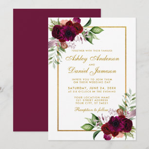 Burgundy Waterverf Floral Boho Gold Wedding Kaart