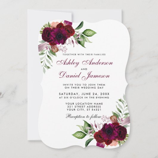 Burgundy Waterverf Floral Boho Wedding B Kaart (Voorkant)