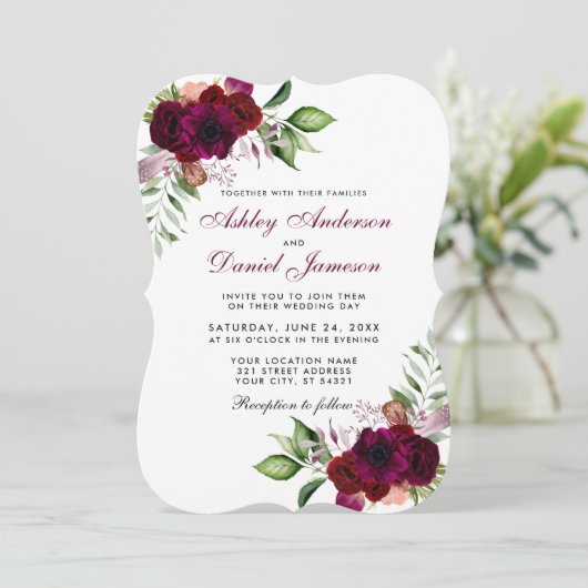 Burgundy Waterverf Floral Boho Wedding B Kaart (Staand voorkant)