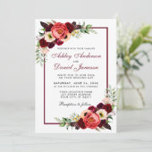 Burgundy Waterverf Floral Boho Wedding Invite Kaart (Staand voorkant)