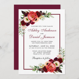 Burgundy Waterverf Floral Boho Wedding Invite Kaart