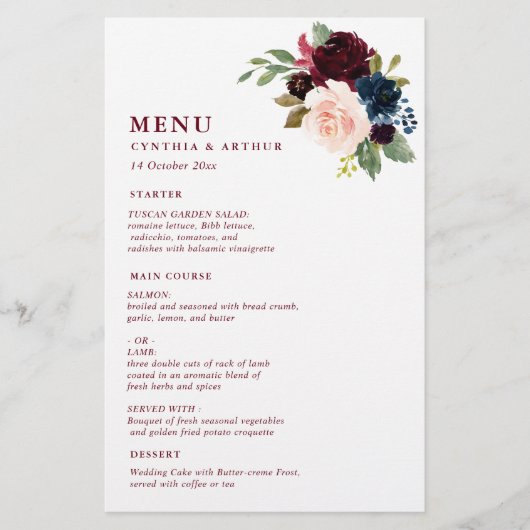 burgundy waterverf floral bruiloft menu (Voorkant)