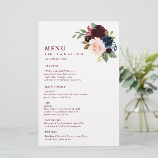 burgundy waterverf floral bruiloft menu (Staand voorkant)