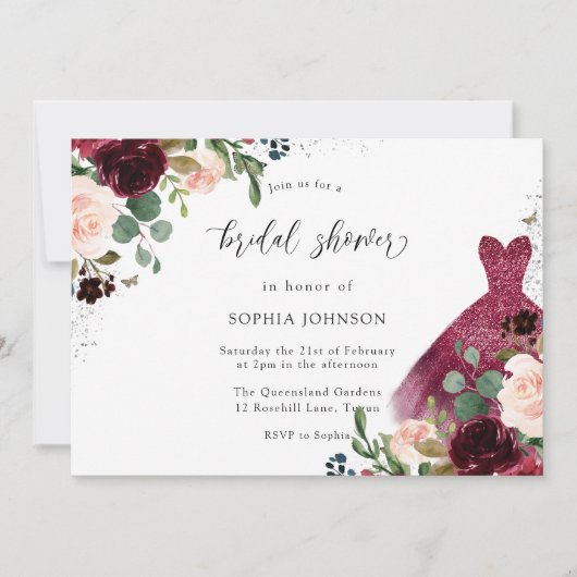 Burgundy Waterverf Floral Dress Vrijgezellenfeest Kaart (Voorkant)