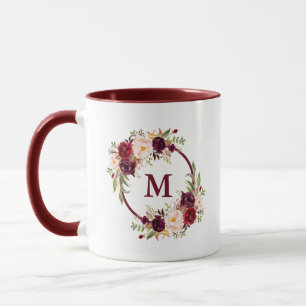 Burgundy Waterverf Floral Elegant Monogram Mok