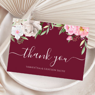 Burgundy Waterverf Floral Elegant Wedding Bedankkaart