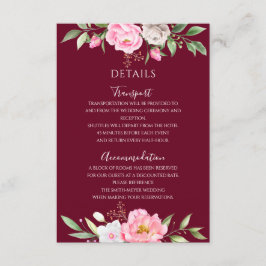 Burgundy Waterverf Floral Elegant Wedding Details Informatiekaartje