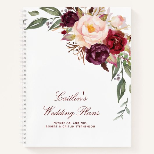 Burgundy Waterverf Floral Elegant Wedding Notitieboek (Voorkant)