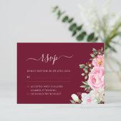 Burgundy Waterverf Floral Elegant Wedding RSVP Kaartje (Staand voorkant)