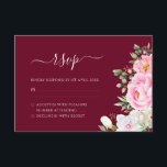 Burgundy Waterverf Floral Elegant Wedding RSVP Kaartje<br><div class="desc">An elegant floral wedding response card featuring pink watercolor flowers with modern handwritten calligraphy on a burgundy red background.</div>