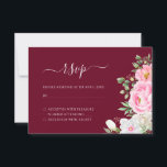Burgundy Waterverf Floral Elegant Wedding RSVP Kaartje<br><div class="desc">An elegant floral wedding response card featuring pink watercolor flowers with modern handwritten calligraphy on a burgundy red background.</div>
