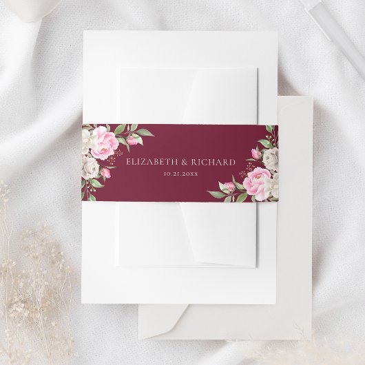 Burgundy Waterverf Floral Elegant Wedding Uitnodigingen Wikkel