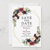 Burgundy Waterverf Floral Geo Lijst Blue Save The Date (Voorkant)