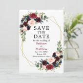 Burgundy Waterverf Floral Geo Lijst Blue Save The Date (Staand voorkant)
