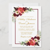 Burgundy Waterverf Floral Gold Boho Wedding GB Kaart (Voorkant)
