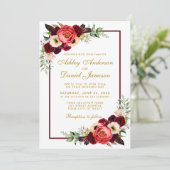 Burgundy Waterverf Floral Gold Boho Wedding GB Kaart (Staand voorkant)