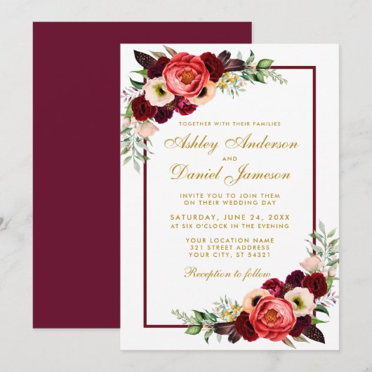 Burgundy Waterverf Floral Gold Boho Wedding GB Kaart (Voorkant / Achterkant)