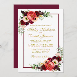 Burgundy Waterverf Floral Gold Boho Wedding GB Kaart