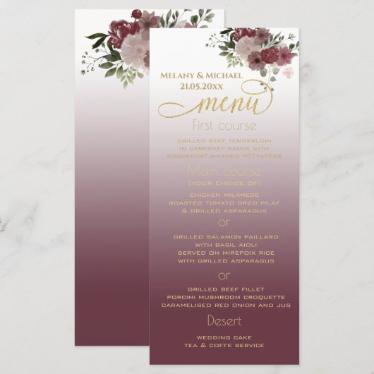 Burgundy waterverf floral gold kalligrafie menu (Voorkant / Achterkant)