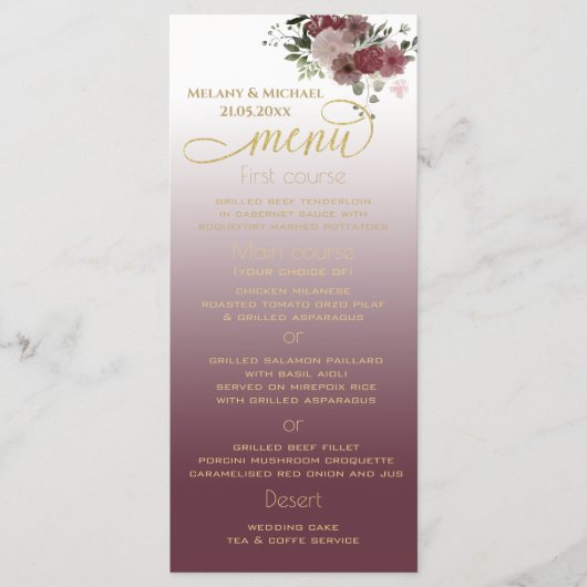 Burgundy waterverf floral gold kalligrafie menu (Voorkant)