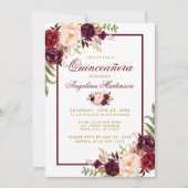 Burgundy Waterverf Floral Gold Quinceanera Kaart (Voorkant)