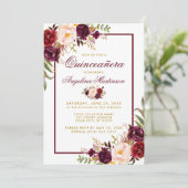 Burgundy Waterverf Floral Gold Quinceanera Kaart (Staand voorkant)