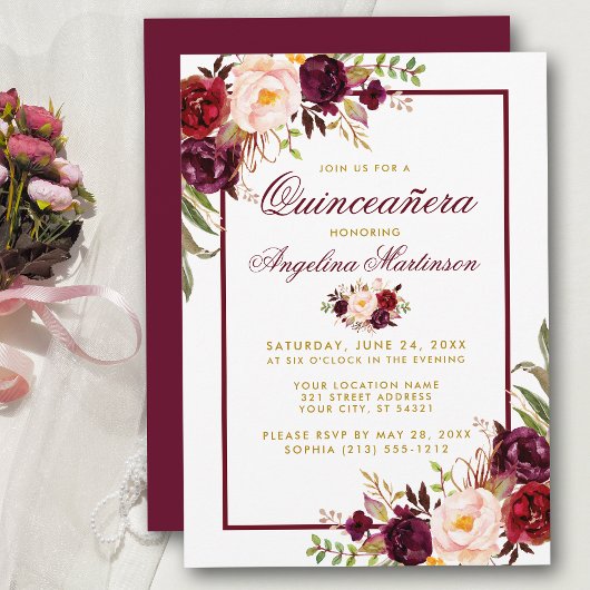 Burgundy Waterverf Floral Gold Quinceanera Kaart