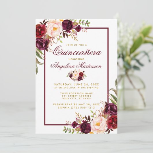 Burgundy Waterverf Floral Gold Quinceanera Kaart (Staand voorkant)
