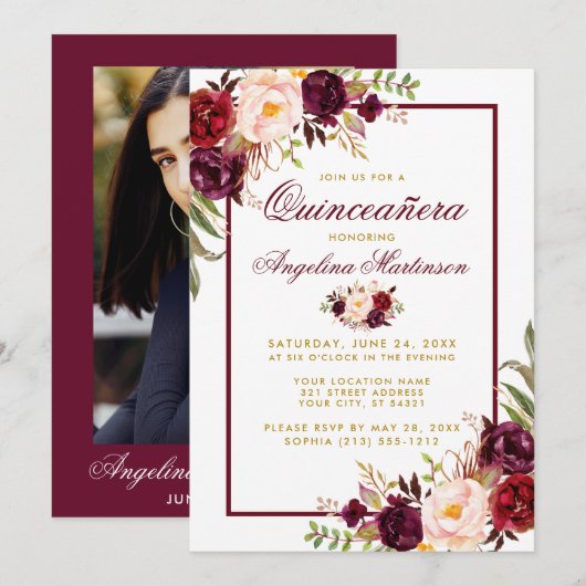 Burgundy Waterverf Floral Gold Quinceanera Kaart (Voorkant / Achterkant)