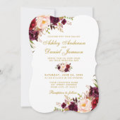 Burgundy Waterverf Floral Gold Wedding Bracket Kaart (Voorkant)