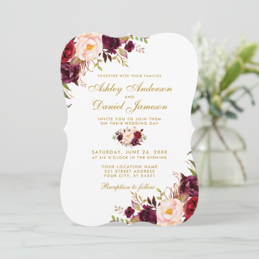 Burgundy Waterverf Floral Gold Wedding Bracket Kaart (Staand voorkant)